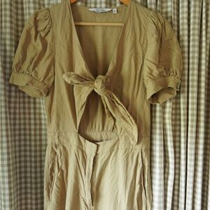 & Other Stories Tan Linen Cut Out Tie Front Jumpsuit